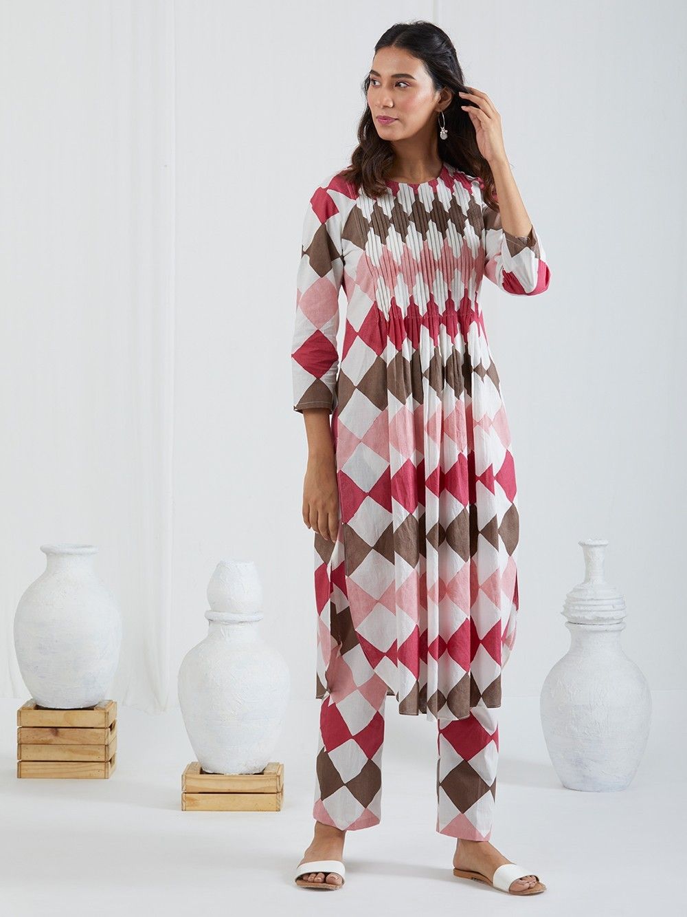 Burgundy Pink Printed Cotton Pleated Kurta with Pants