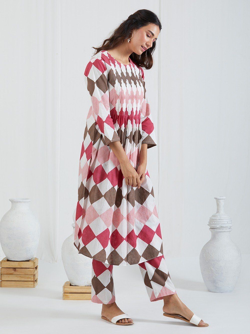 Burgundy Pink Printed Cotton Pleated Kurta with Pants