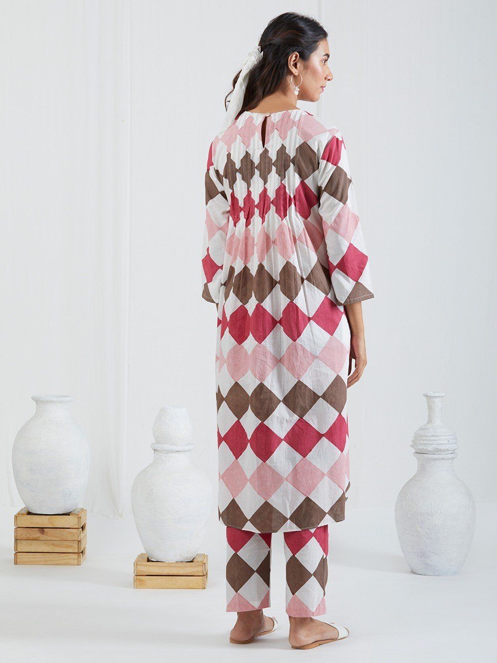 Burgundy Pink Printed Cotton Pleated Kurta with Pants