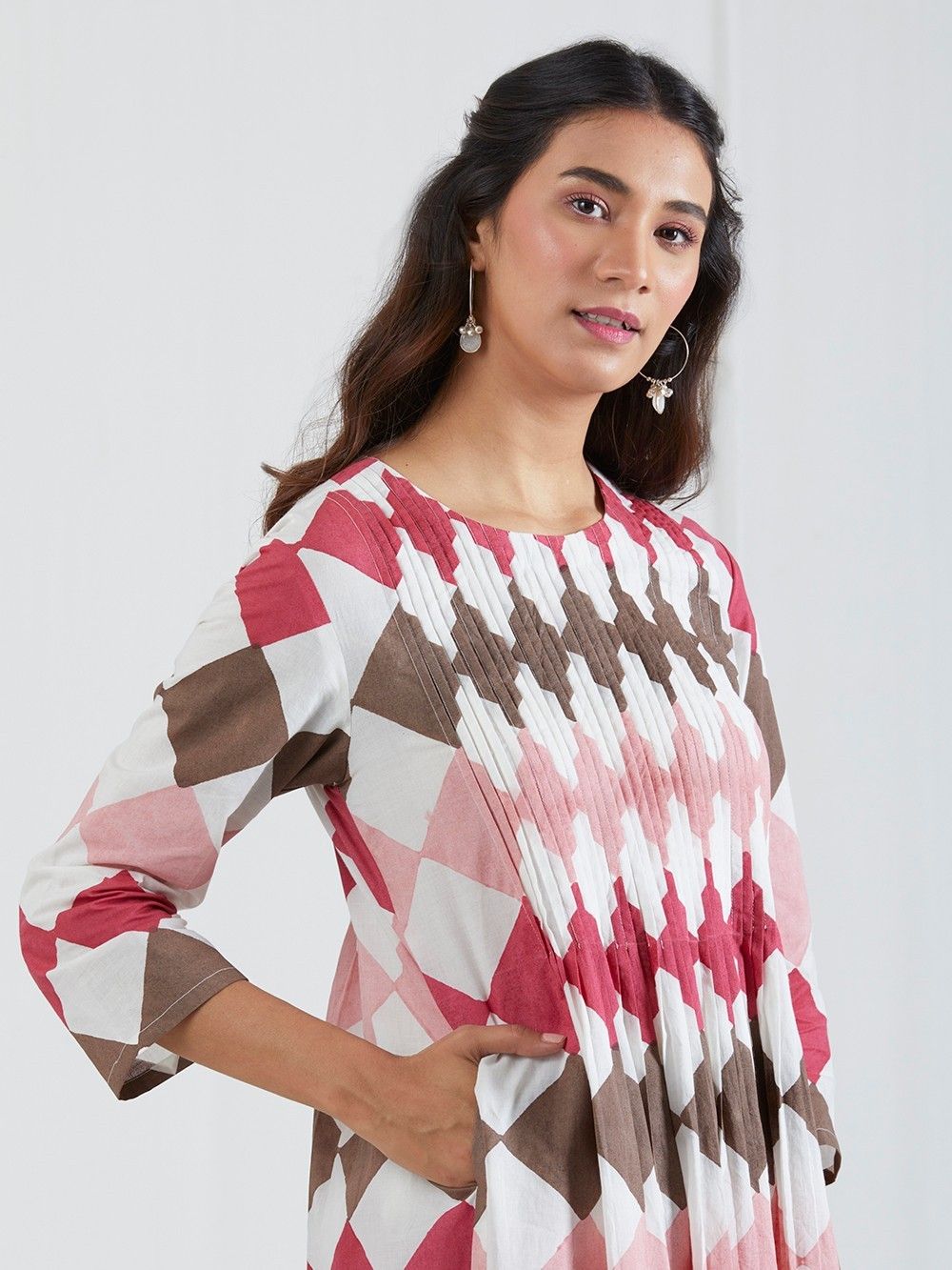 Burgundy Pink Printed Cotton Pleated Kurta with Pants